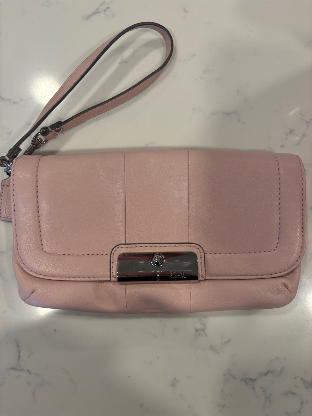 Coach Pale Pink Leather Wristlet Clutch with Silver Hardware